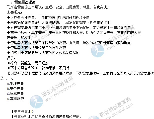 2014年中級經濟師考試人力資源專業精講：需要層次理論