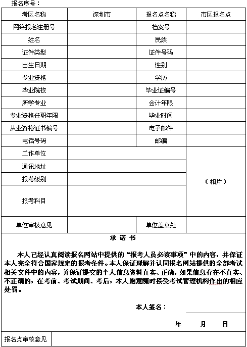 廣東深圳2015年初、中、高級會計師考試網上報名考生信息表