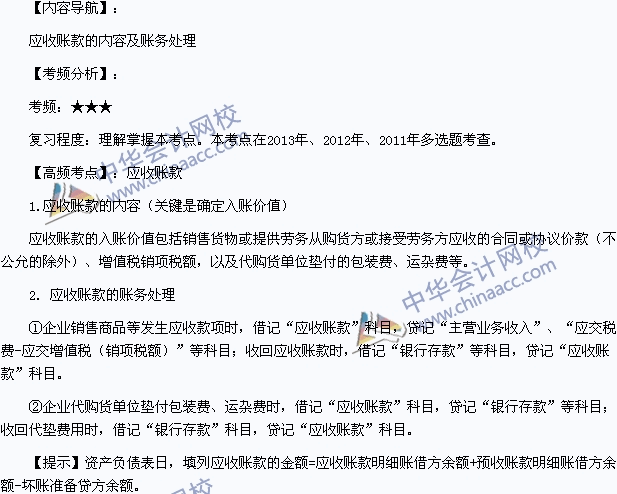 2015年《初級會計實務》高頻考點：應收賬款的內容及賬務處理
