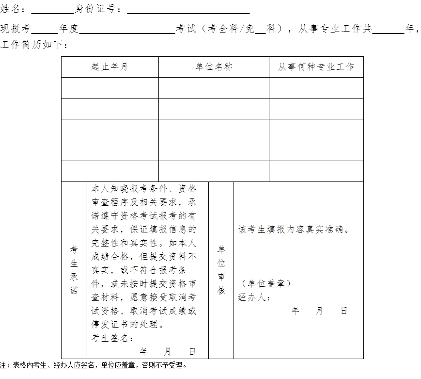 2016年經濟師考后現場資格復審用工作簡歷表及承諾書