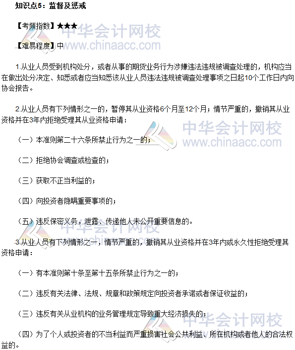 2017年期貨從業《期貨法律法規》法條十五高頻考點：監督及懲戒