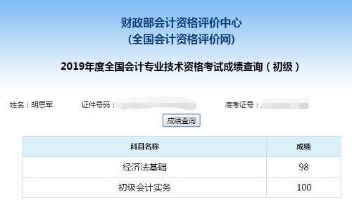 胡思軍初級會計考試分數