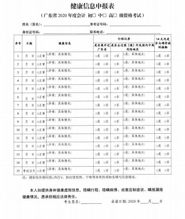 廣東佛山2020年度全國會計專業技術資格考試疫情防控告知書