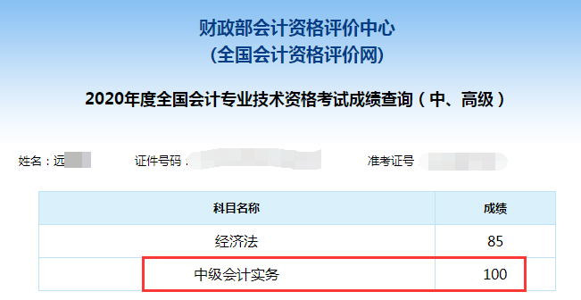 中級會(huì)計(jì)職稱百分學(xué)員成績單