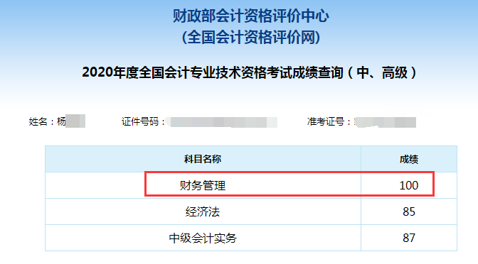 中級會(huì)計(jì)職稱百分學(xué)員成績單