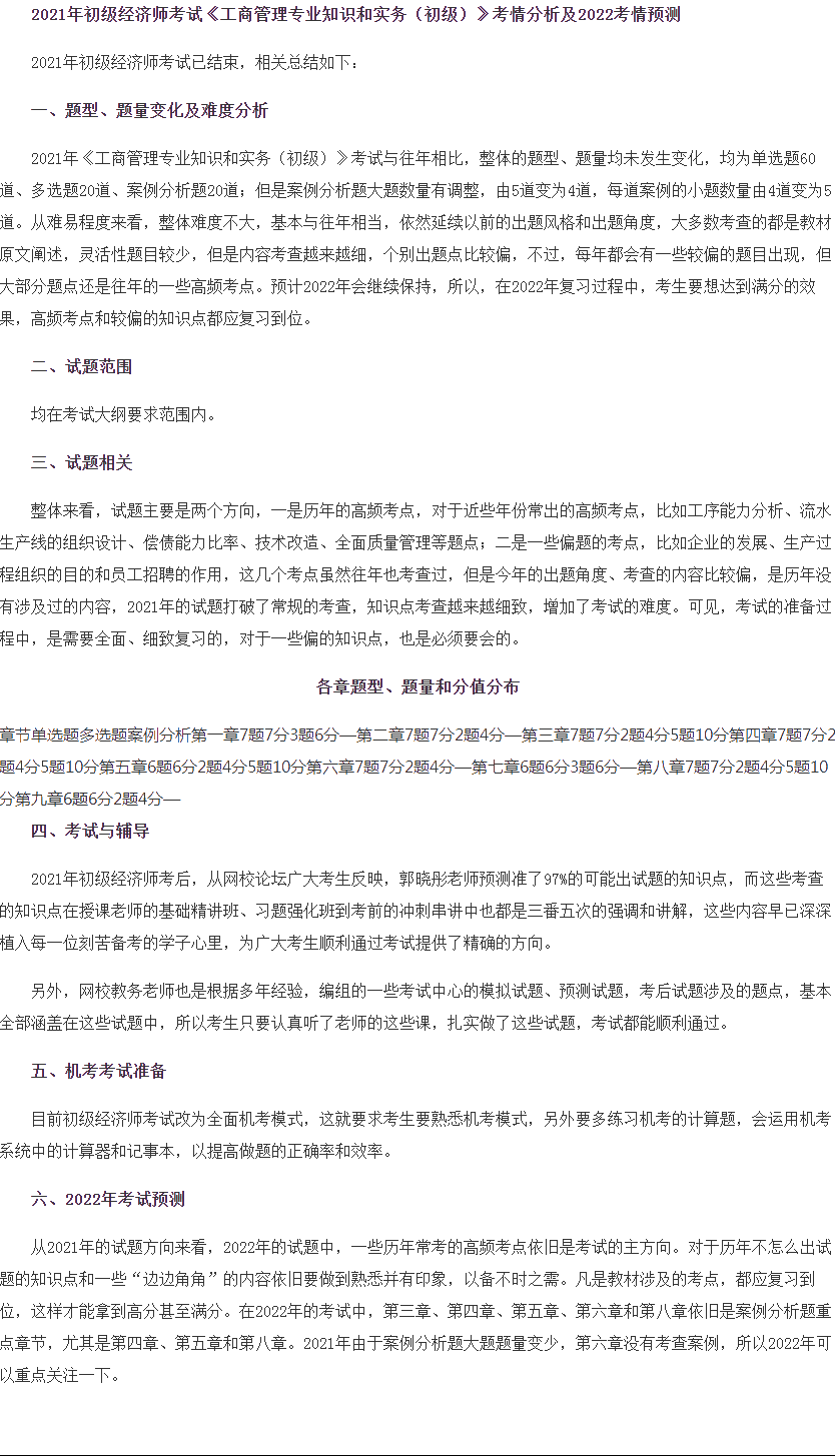 初級(jí)經(jīng)濟(jì)師《工商管理》考情預(yù)測
