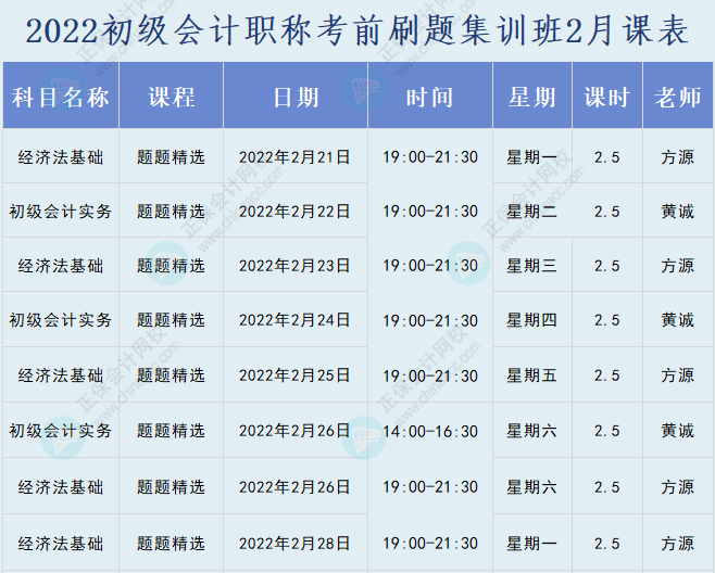 速看！2022初級會計職稱考前刷題集訓班課表已出爐！