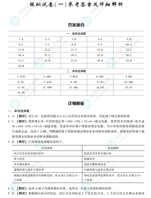 2022注會戰略《沖刺8套模擬試卷》搶先看（答案解析部分）
