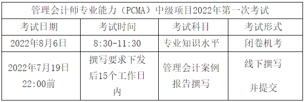 中級管理會計師考試時間安排