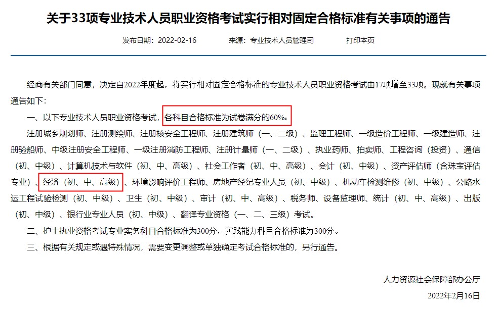 2022年初中級經濟師國家合格標準