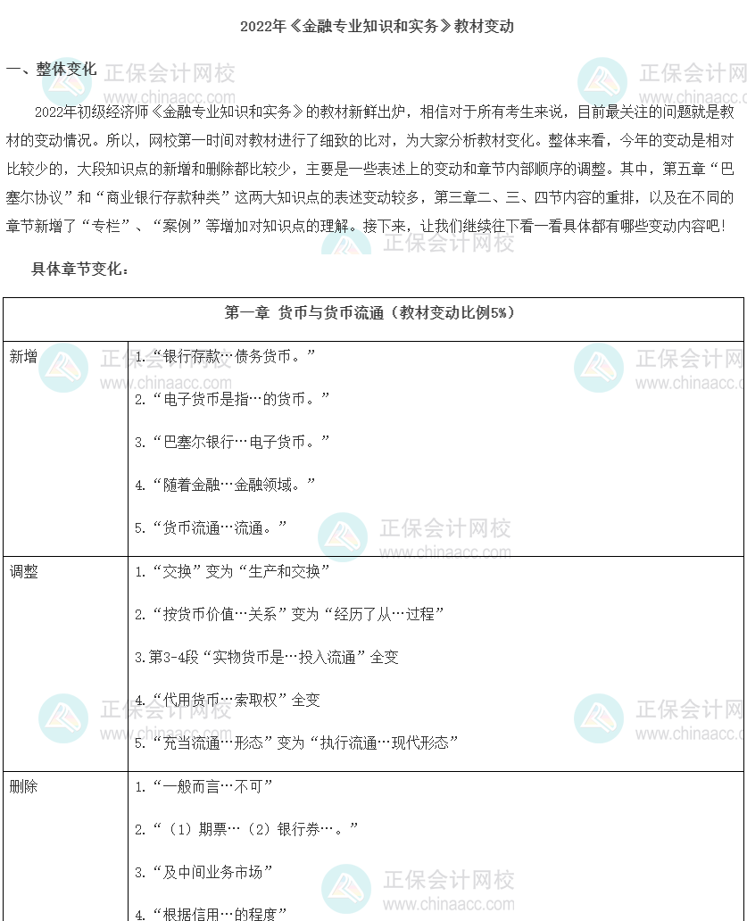 2022年初級經濟師《金融》教材變動解讀