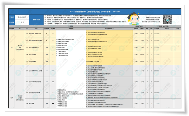 初級會計實務詳細學習計劃表-打卡表