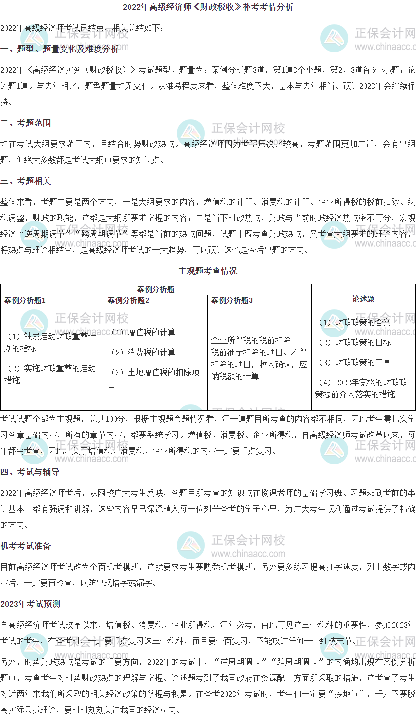 2022年高級(jí)經(jīng)濟(jì)師《財(cái)政稅收》補(bǔ)考考情分析