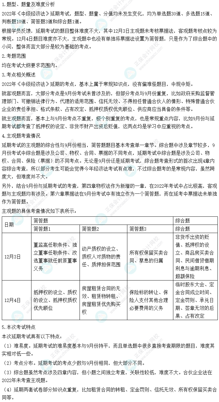 2022中級會計職稱《經濟法》延考考情分析