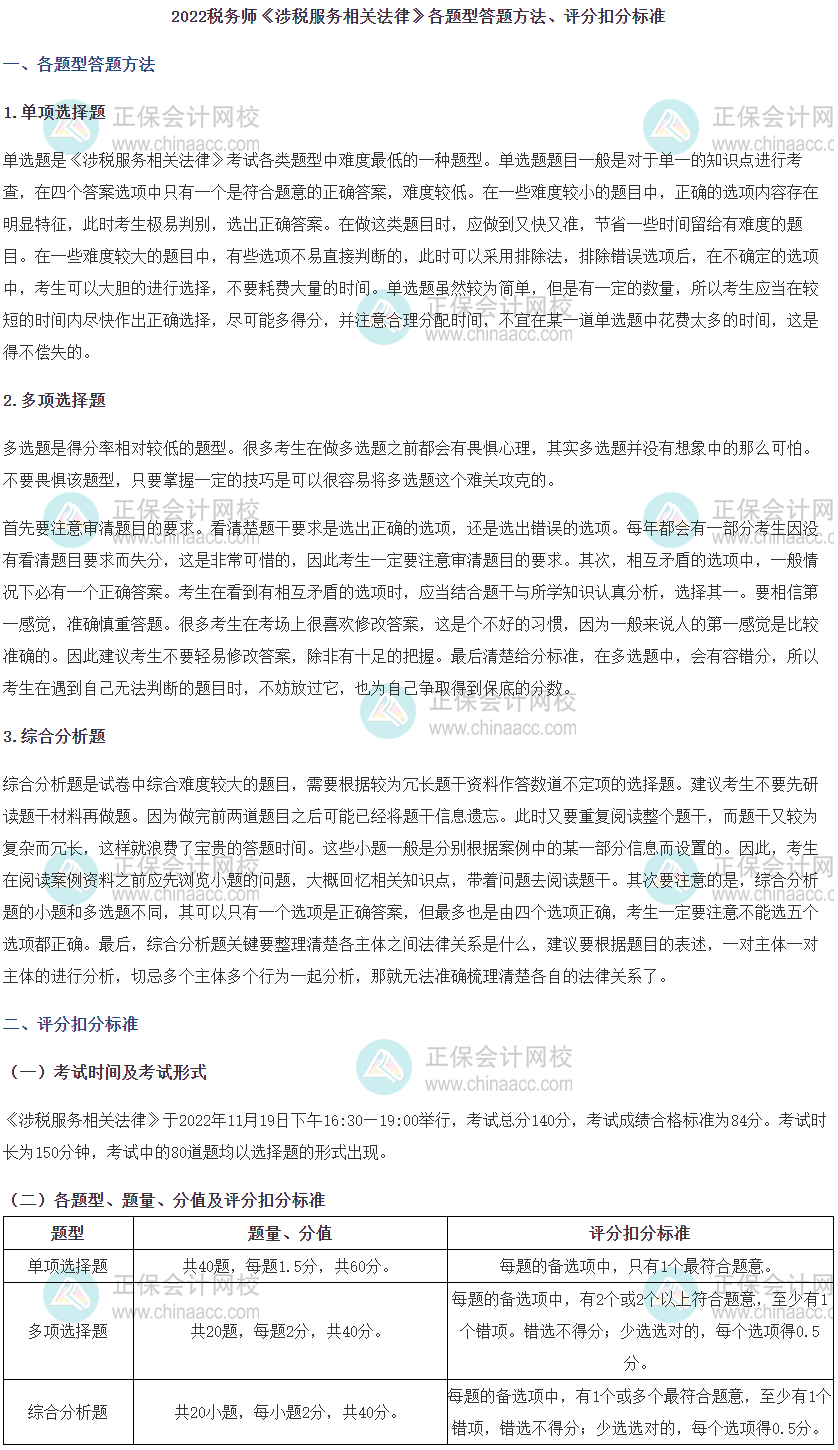 2022年稅務師《涉稅服務相關法律》題型、答題時間分配及評分扣分標準