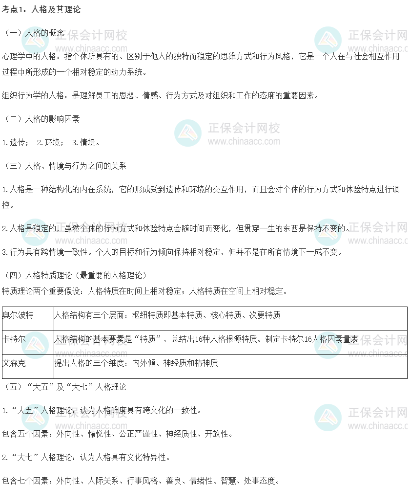 初級經濟師《人力資源》重要考點精選：人格及其理論