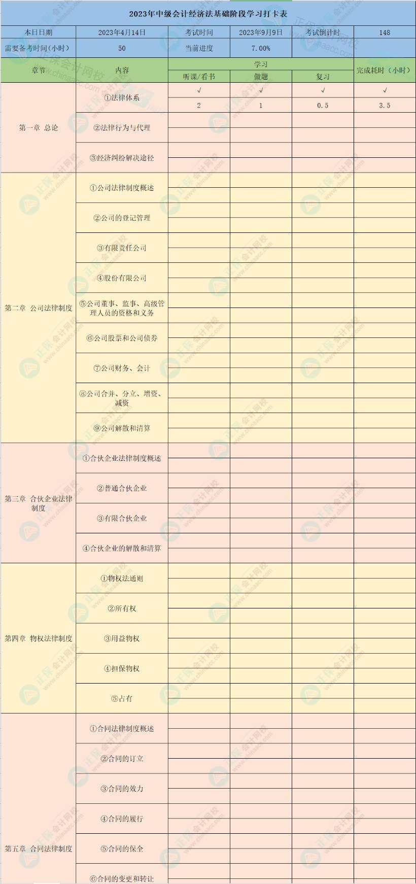 2023年中級會計經濟法8章學習打卡表
