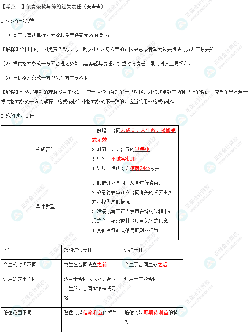 2023年注會《經濟法》第4章高頻考點2：免責條款與締約過失責任