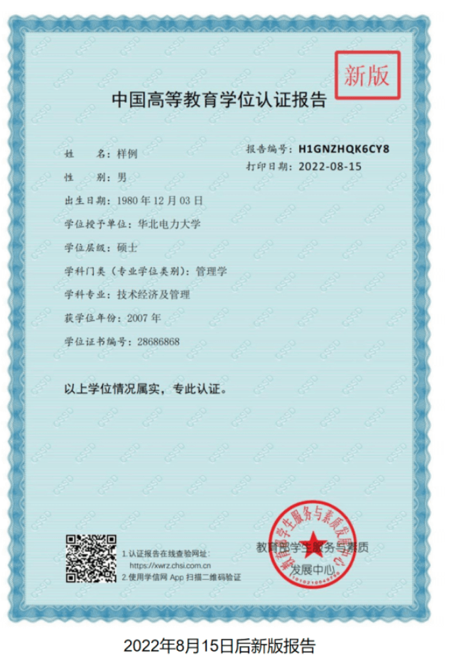 中國高等教育學位認證報告（2022年8月15日后新版報告）
