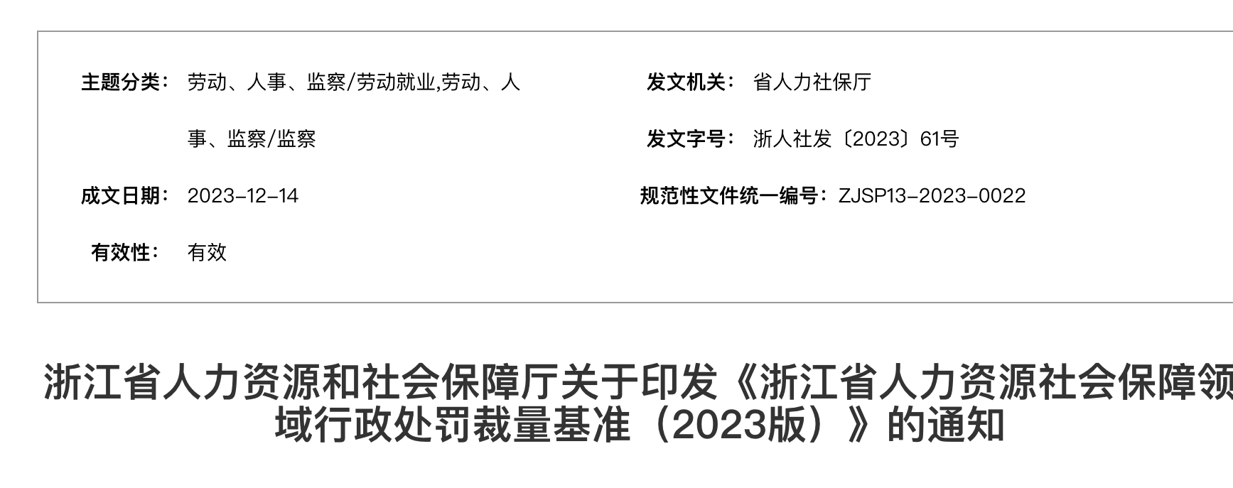 浙江省人力資源社會保障領域行政處罰裁量基準（2023版）