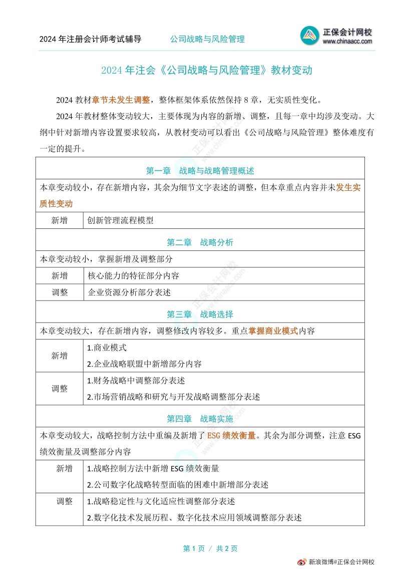 重磅！2024年注冊會計師《戰略》整體教材變動