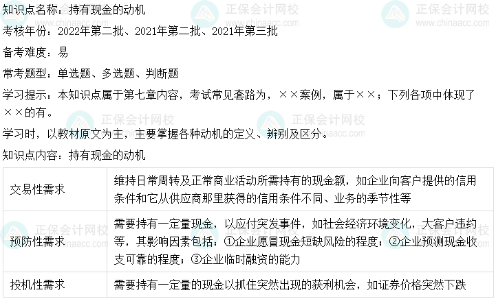  中級會計財務管理二十大恒重考點：持有現金的動機