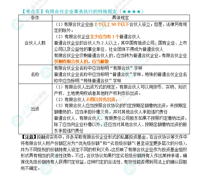 2024年注會第5章高頻考點5：有限合伙企業(yè)事務(wù)執(zhí)行的特殊規(guī)定