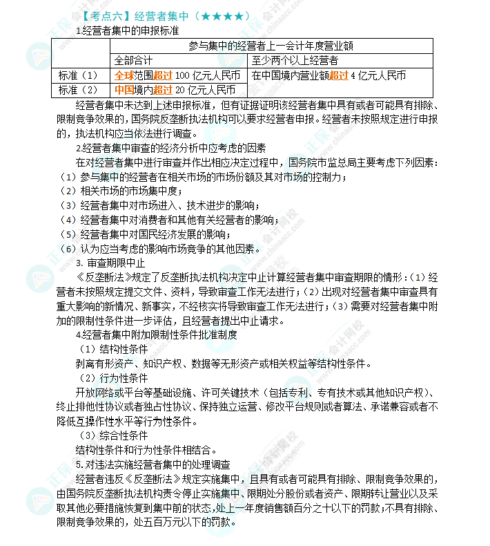 2024年注會《經濟法》第11章高頻考點6：經營者集中