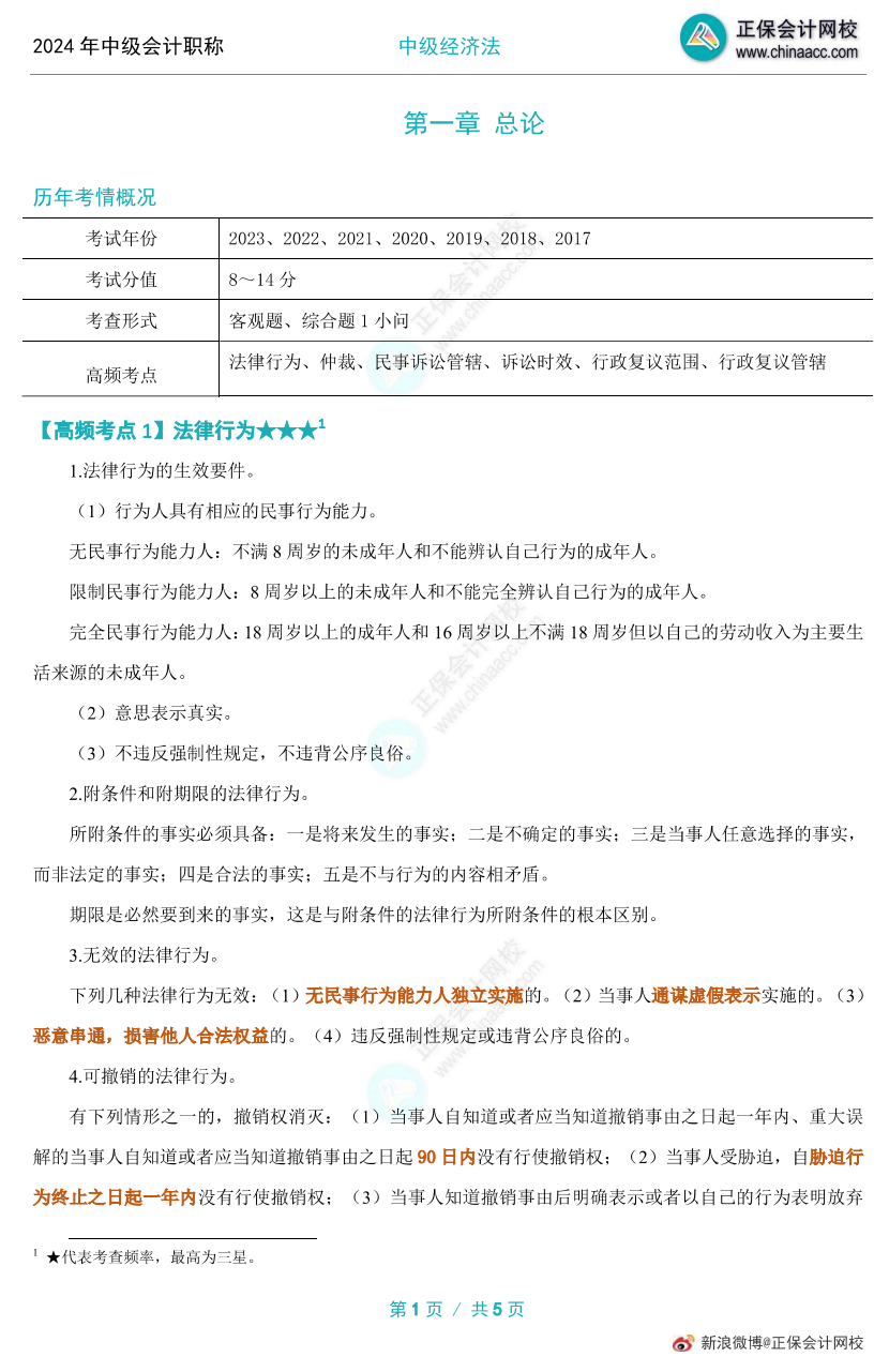【考前沖刺】2024中級會計《經濟法》高頻考點下載版