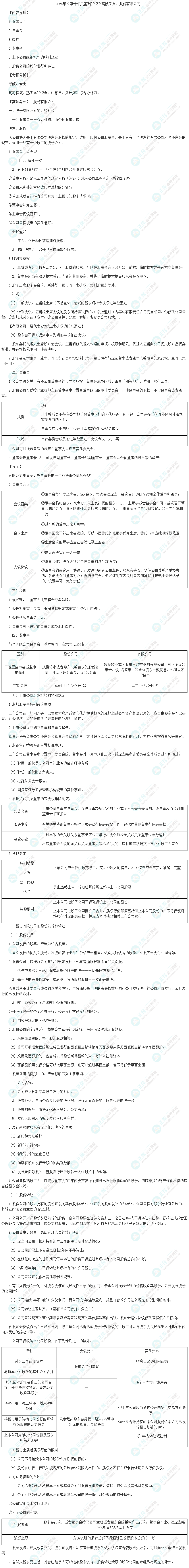 2024年《審計相關(guān)基礎(chǔ)知識》高頻考點：股份有限公司