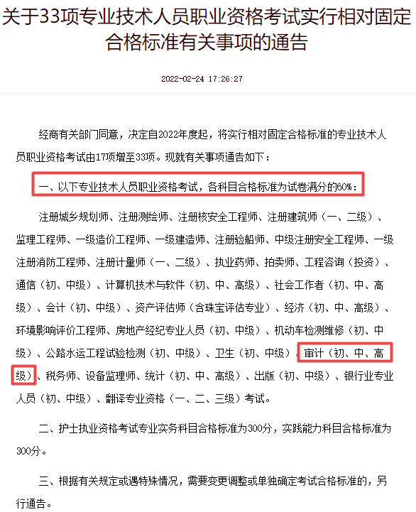 關于33項專業技術人員職業資格考試實行相對固定合格標準有關事項的通告