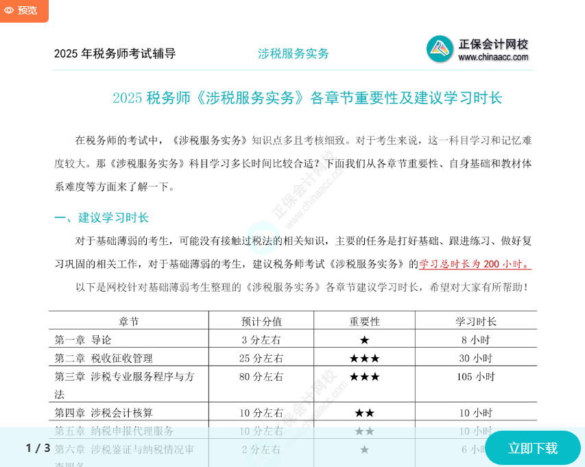 2025年稅務師《涉稅服務實務》各章節建議學習時長及重要性