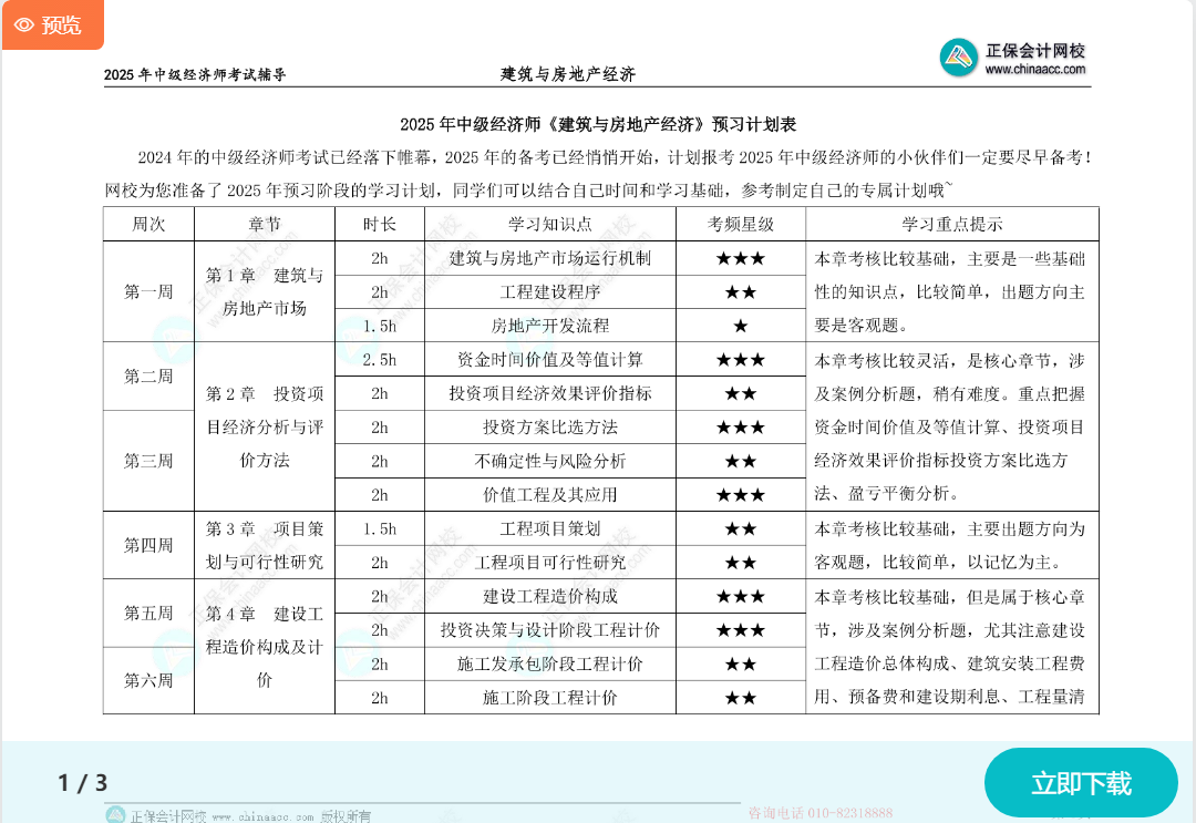 中級經濟師《建筑與房地產》預習計劃表
