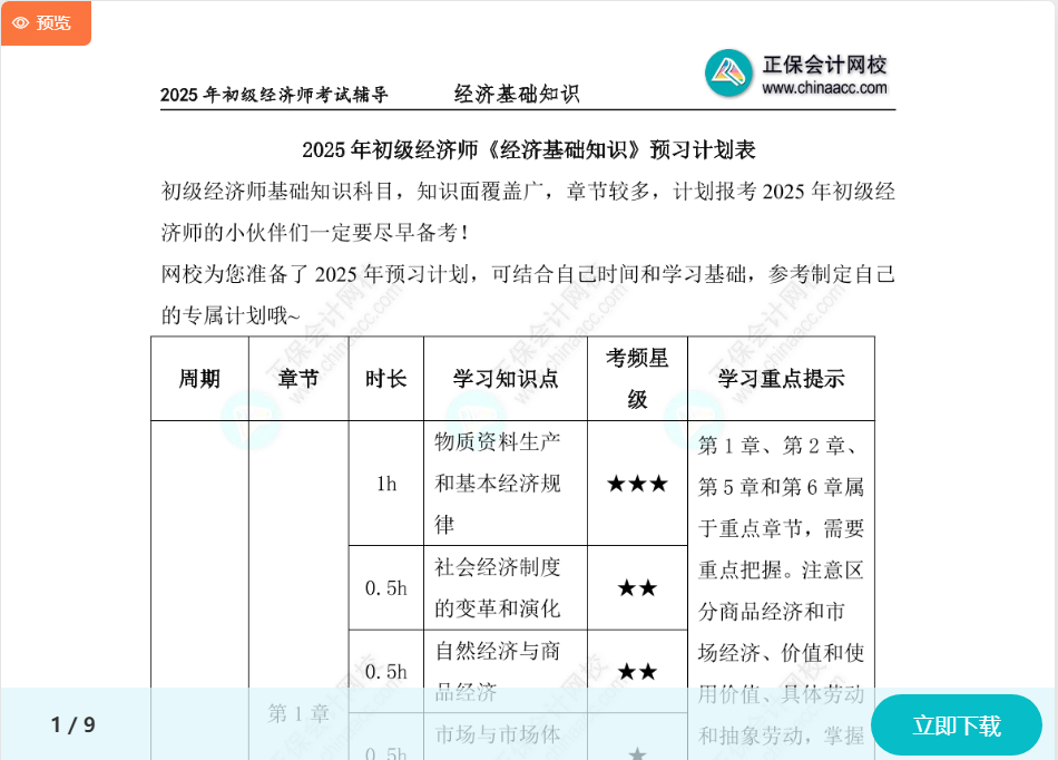 初級經(jīng)濟師《經(jīng)濟基礎知識》預習計劃表