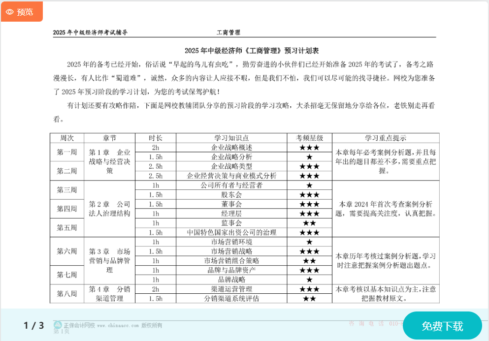 2025中級(jí)經(jīng)濟(jì)師《工商管理》預(yù)習(xí)計(jì)劃表