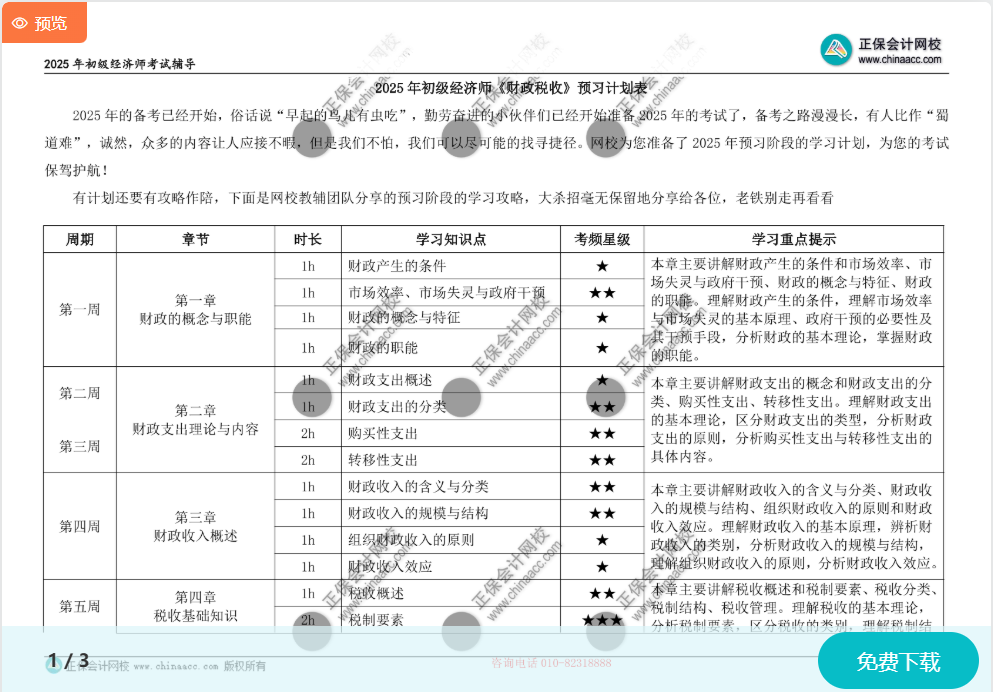 初級經濟師《財政稅收》預習計劃表 